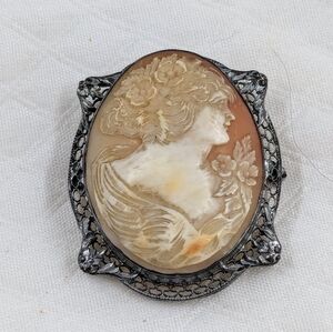Antique Shell Cameo Brooch Hand Carved Victorian 2" Filigree Setting